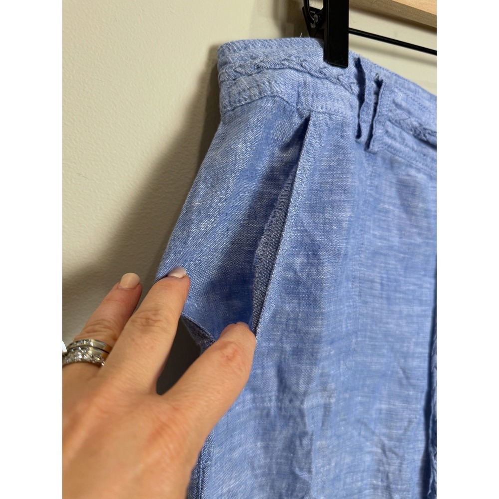 INC 100% Linen Wide Leg Pants Braided Belt Jewel Button Blue Coastal Chambray - Picture 3 of 9